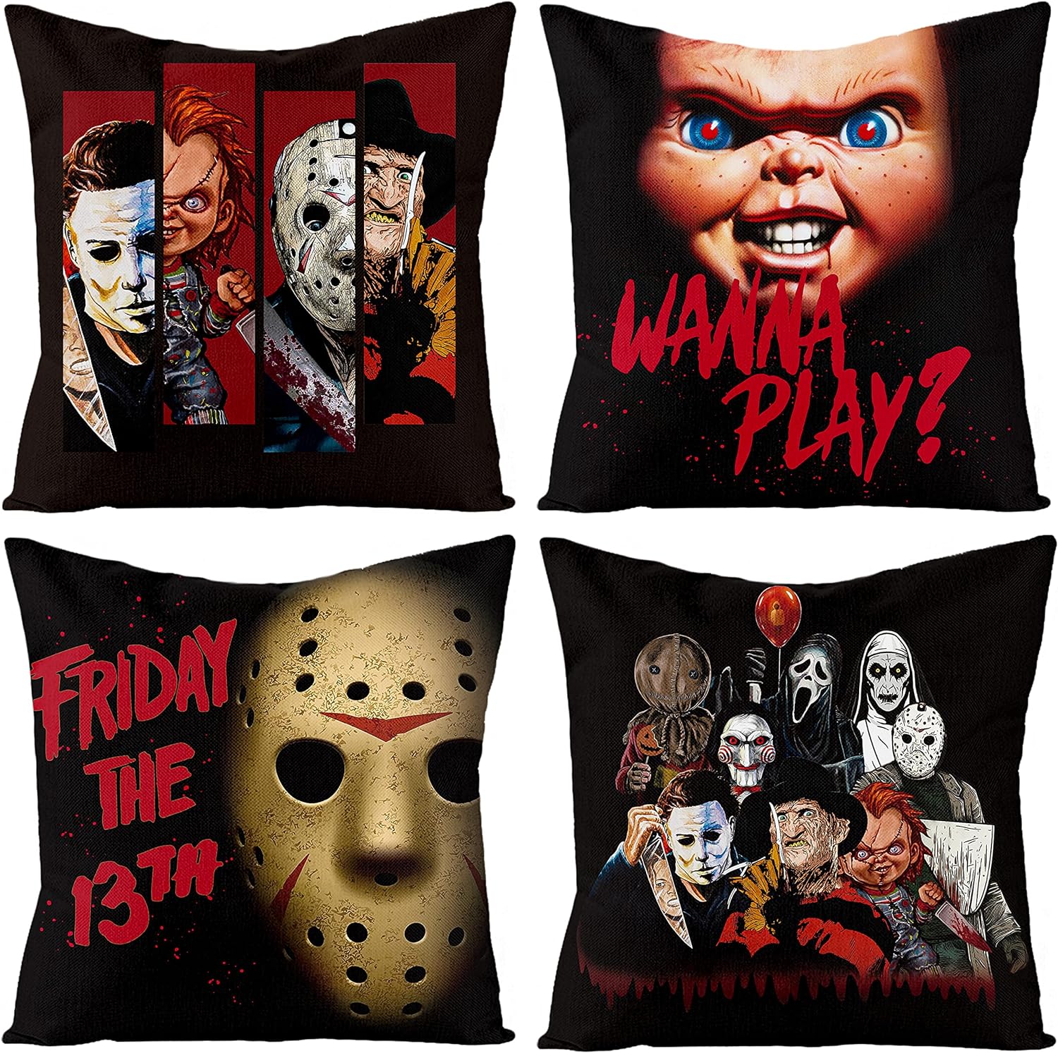4Pcs Horror Classic Movie Characters Pillow Covers, 18 x 18 Inch Halloween Friday The 13th Throw Pillow Case Linen Decorative Square Cushion Covers for Horror Theme Party Decor Birthday Gift