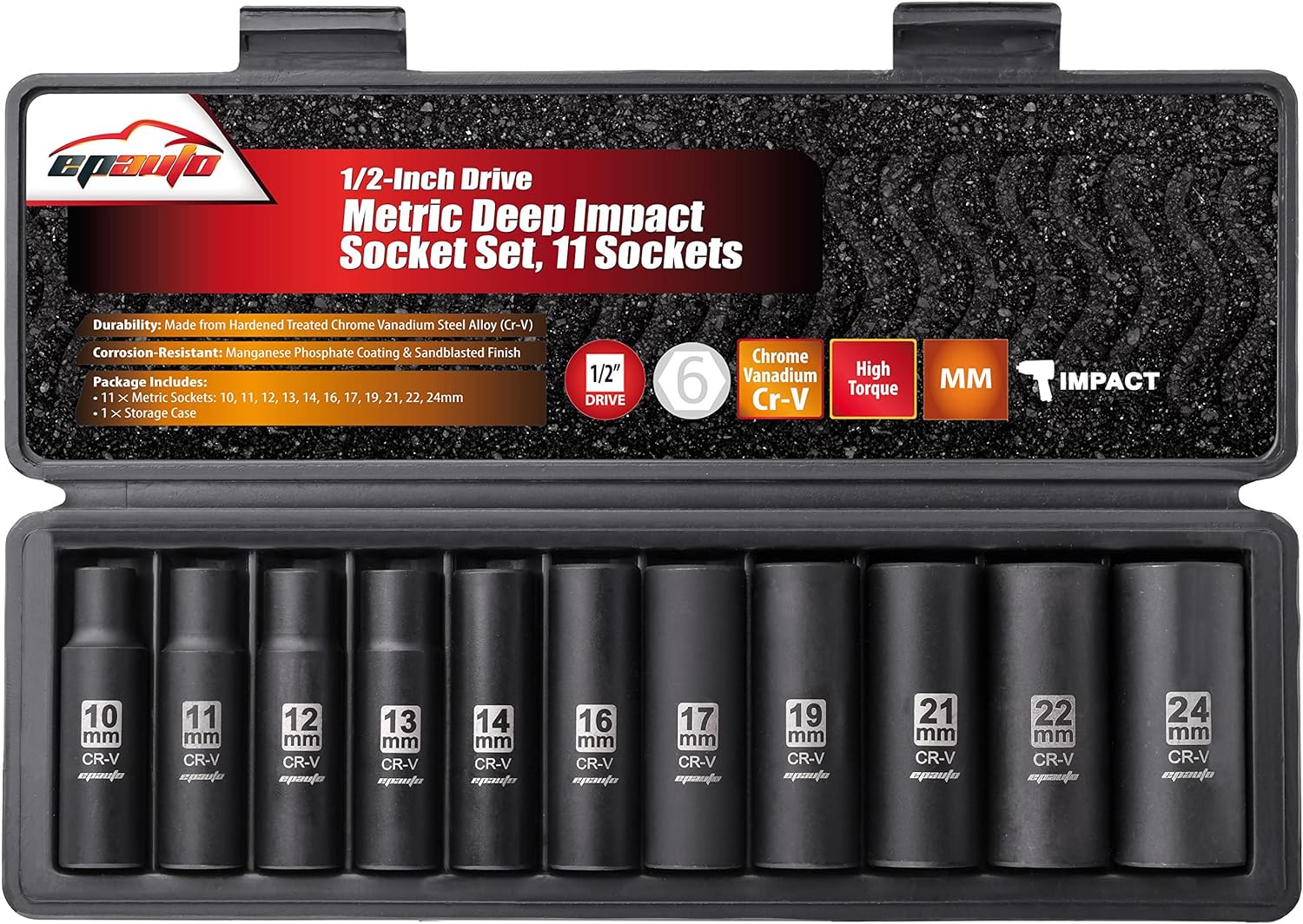 EPAuto 1/2-Inch Drive Metric Deep Impact Socket Set, Cr-V, 6 Points, 11 Sockets