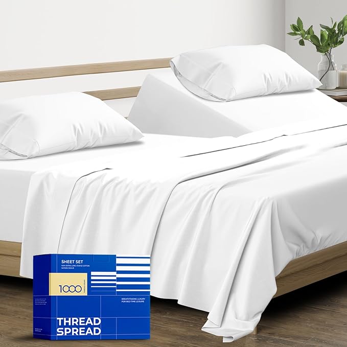 Egyptian Quality Split King Size Cotton Bed Sheets Set (Split King, 1000 Thread Count) Bright White Bedding Pillow Cases (5 Pc) Egyptian Quality Cotton Sheets - Sateen 16 in Deep Pocket