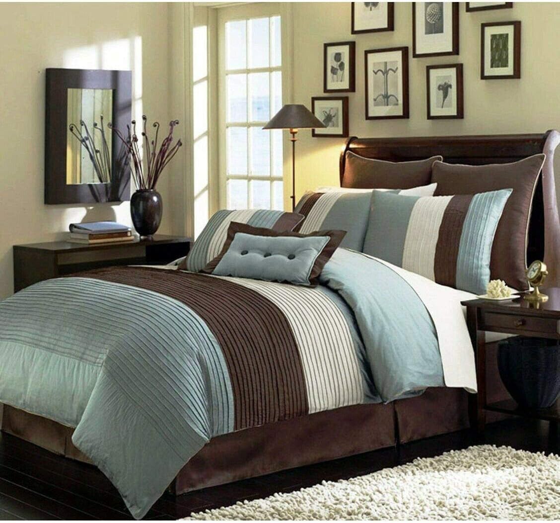 Chezmoi Collection 8-Piece Blue Brown Beige Pleated Stripe Comforter Set Full Size Bedding Set