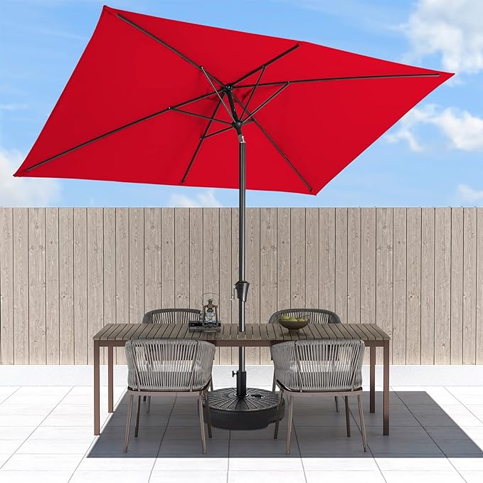 Bumblr Rectangular Patio Umbrella 6.5X10ft Olefin Outdoor Market Table umbrella with Tilt and Crank, Wind Resistant UV Protected for Garden Lawn Deck Backyard, Fade-Resistant Fabric, Red