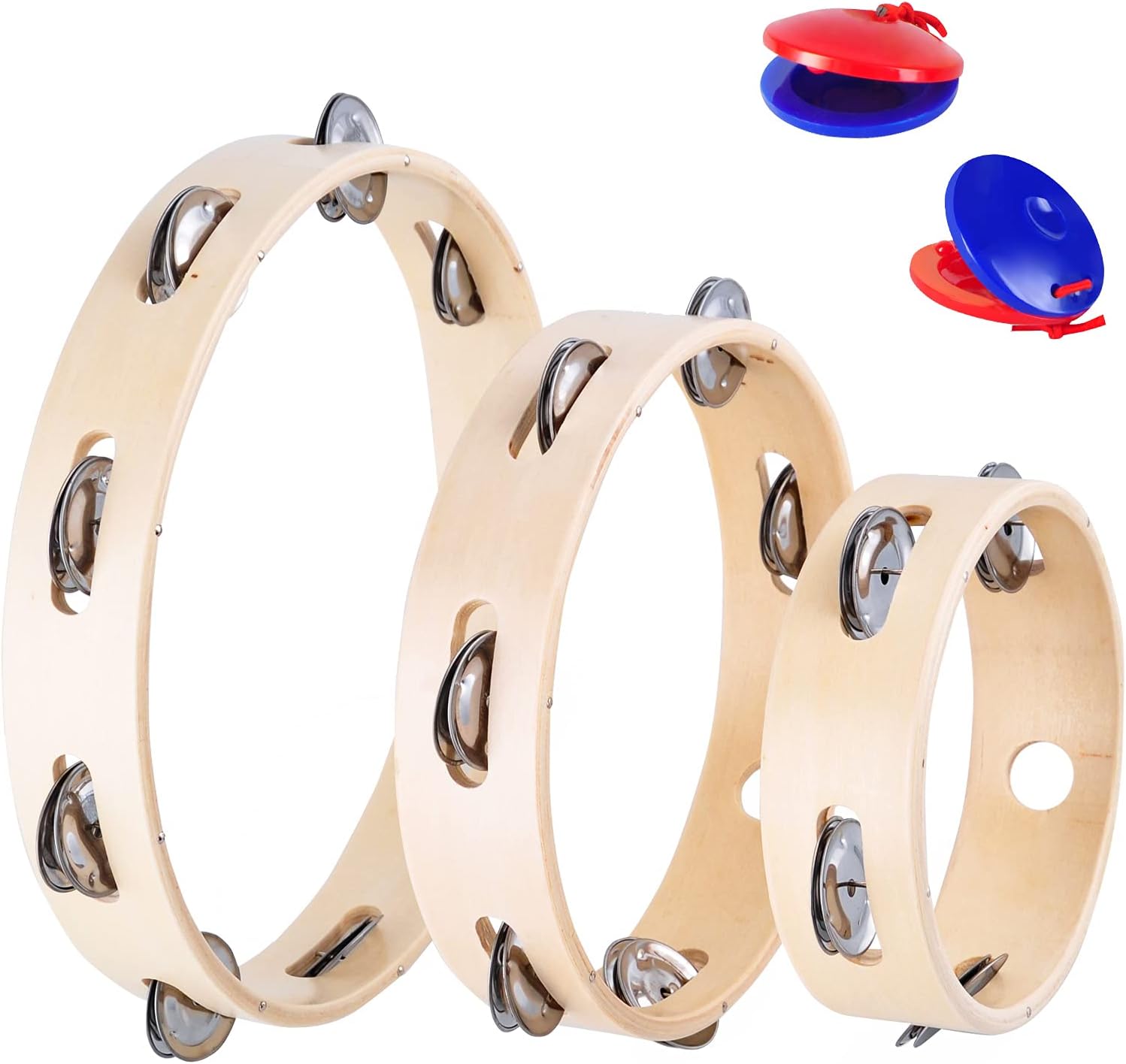 EASTROCK Tambourine for Adults Hand Held Tambourine Ring 3 Packs Wooden Tambourine Metal Jingles Percussion Instrument Single Row Hand Tambourines for Kids KTV Party