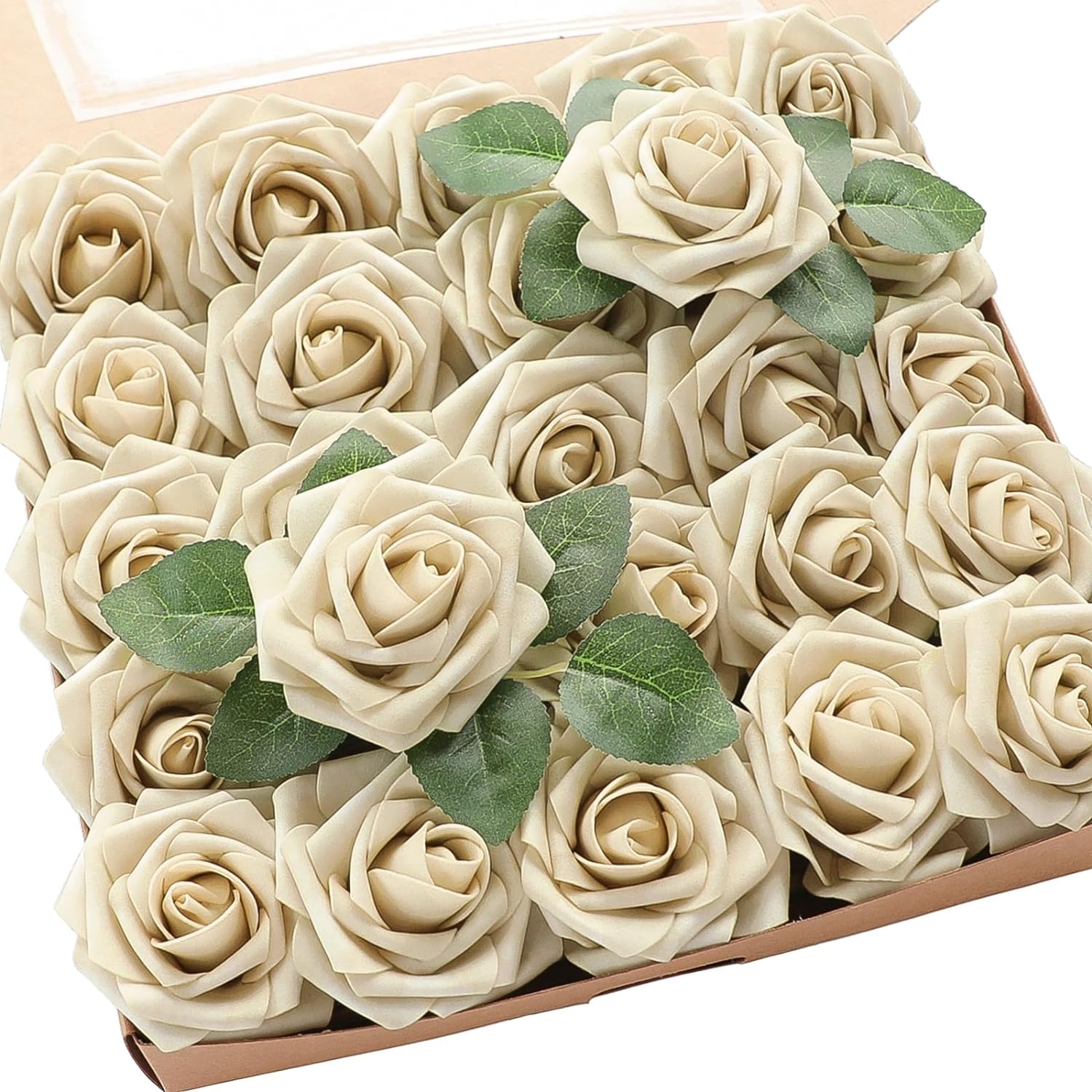 Floroom Artificial Flowers 25pcs Real Looking Beige Foam Fake Roses with Stems for DIY Wedding Bouquets Bridal Shower Centerpieces Floral Arrangements Party Tables Home Decorations