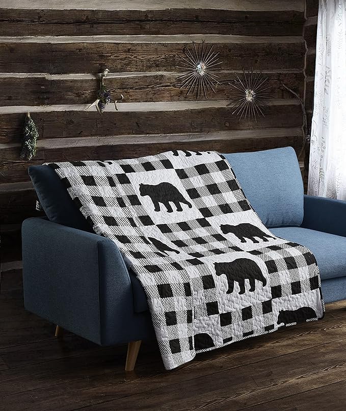 Virah Bella Quilted Throw Blanket 50" x 60" Buffalo Plaid Black Primitive Lightweight Throw Quilt Great for Loungers & Extra Bedding - Beautiful Lodge-Themed Blanket