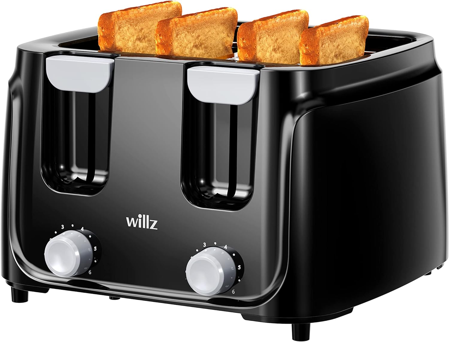 Willz 4-Slice Toaster, Extra Wide Slot with 6 Browning Levels, Compact Toaster for Bread, Removable Crumb Tray, Auto Shut-off & Easy Clean, Black