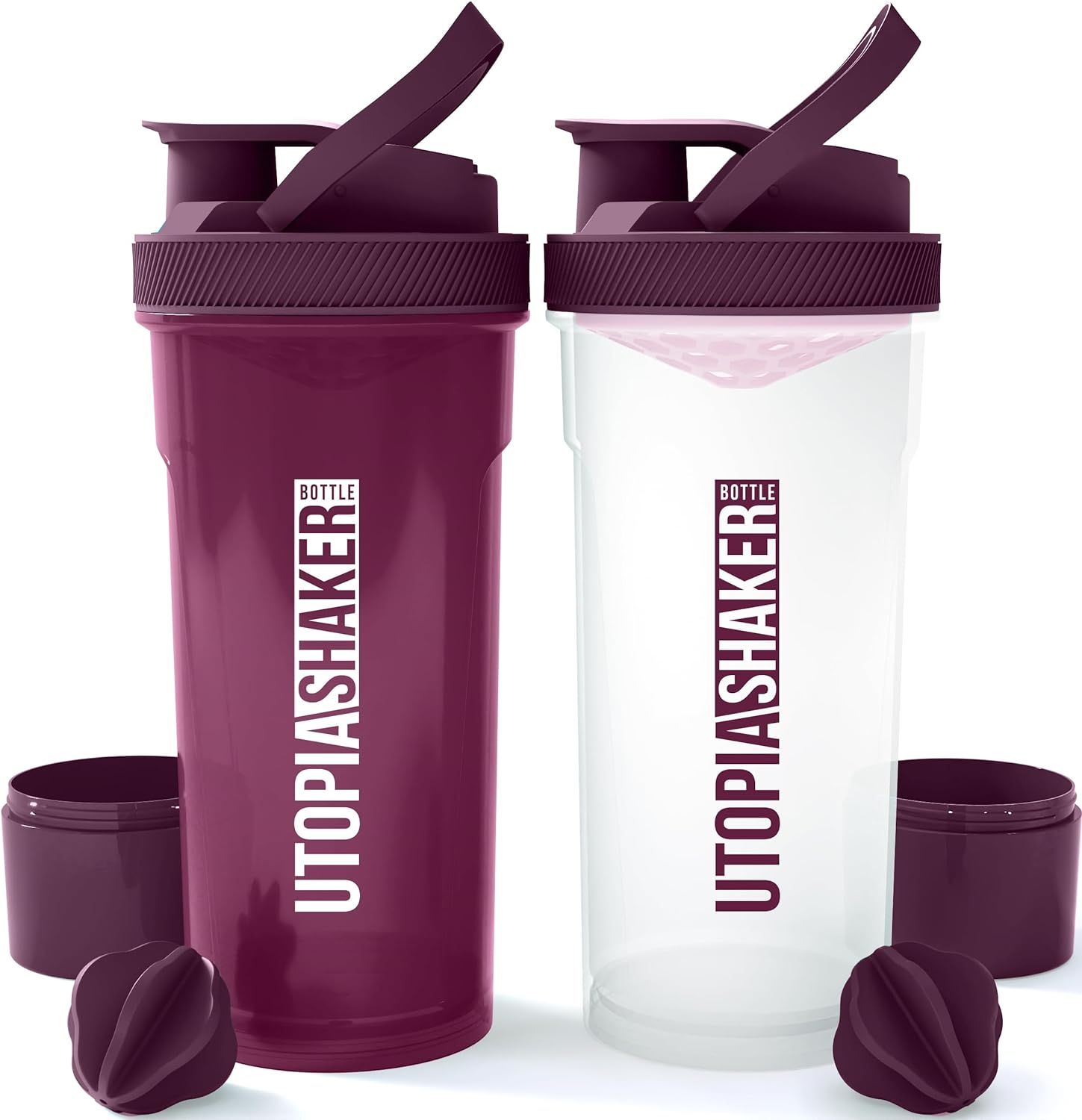 Utopia Home 2-Pack Shaker Bottle - 24 Ounce Protein Shaker Bottle for Pre & Post workout with Twist and Lock Protein Box Storage (All Plum & Clear/Plum)