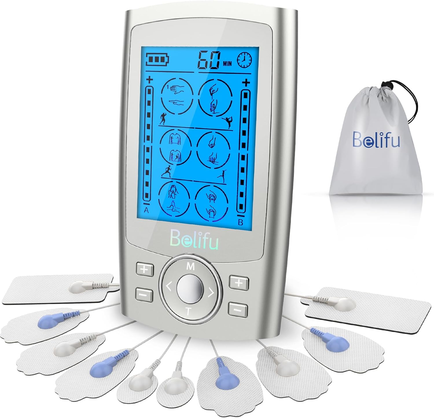 Belifu Dual Channel TENS EMS Unit 24 Modes Muscle Stimulator for Pain Relief Therapy, Electronic Pulse Massager Muscle Massager with 10 Pads, Dust-Proof Drawstring Storage Bag, Fastening Cable Ties