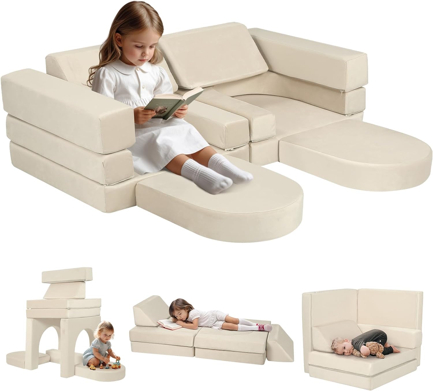 MeMoreCool 10-Piece Couch Sofa, Modular Toddler Glow Sofa for Playroom Bedroom, Fold Out Play Couch for Kid Girl Boy, Sectional Foam Playset Couch Set, Beige