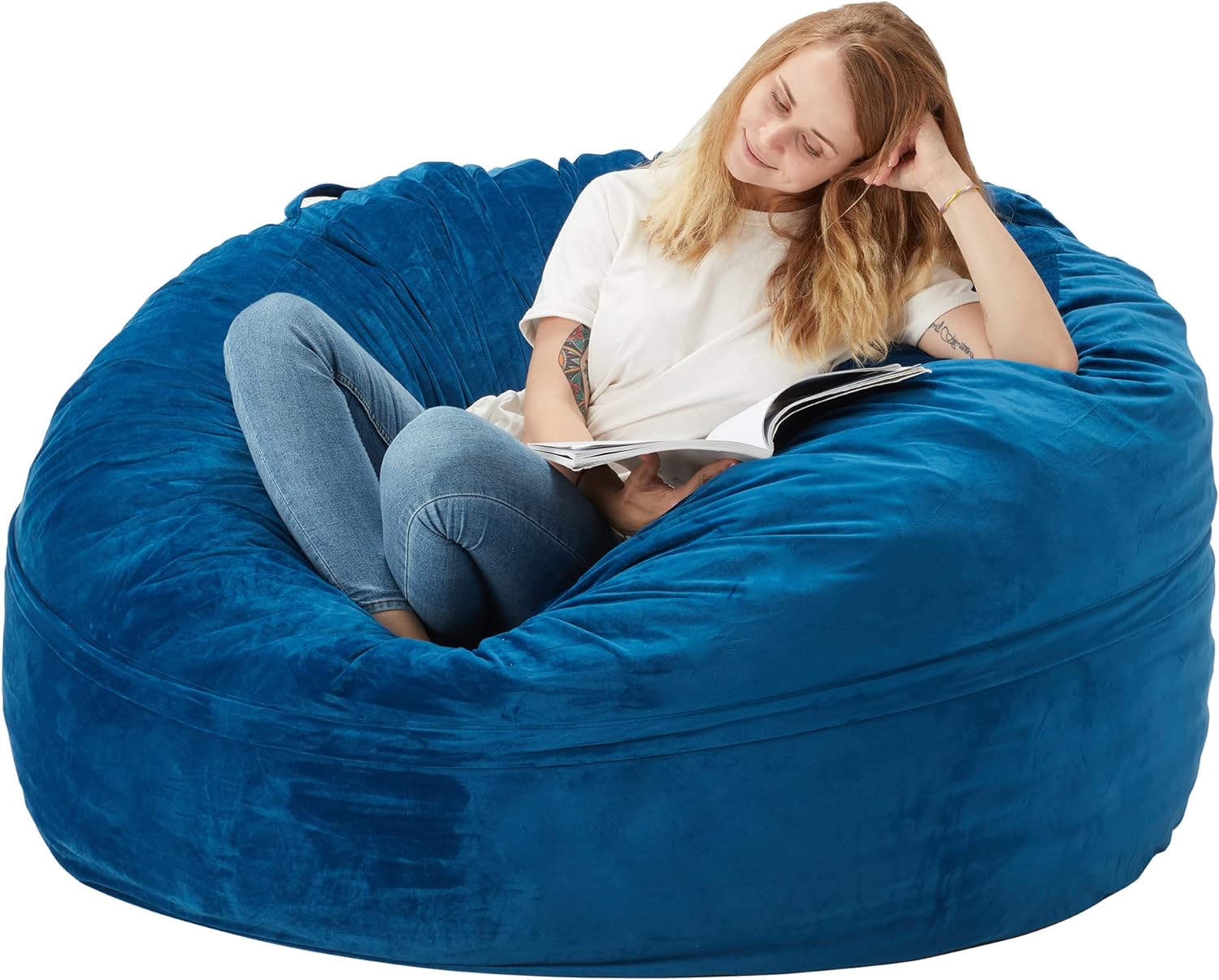 I got this beanbag chair for my partner. She loves to lay in it and it' a nice, big size. It' so comfy that she often sleeps in it all night! It also has a useful pocket built into it and a soft, zip-on cover that makes it easy to clean. It can get a bit compressed, but it' easy to fluff it back up by rotating it and shaking it.