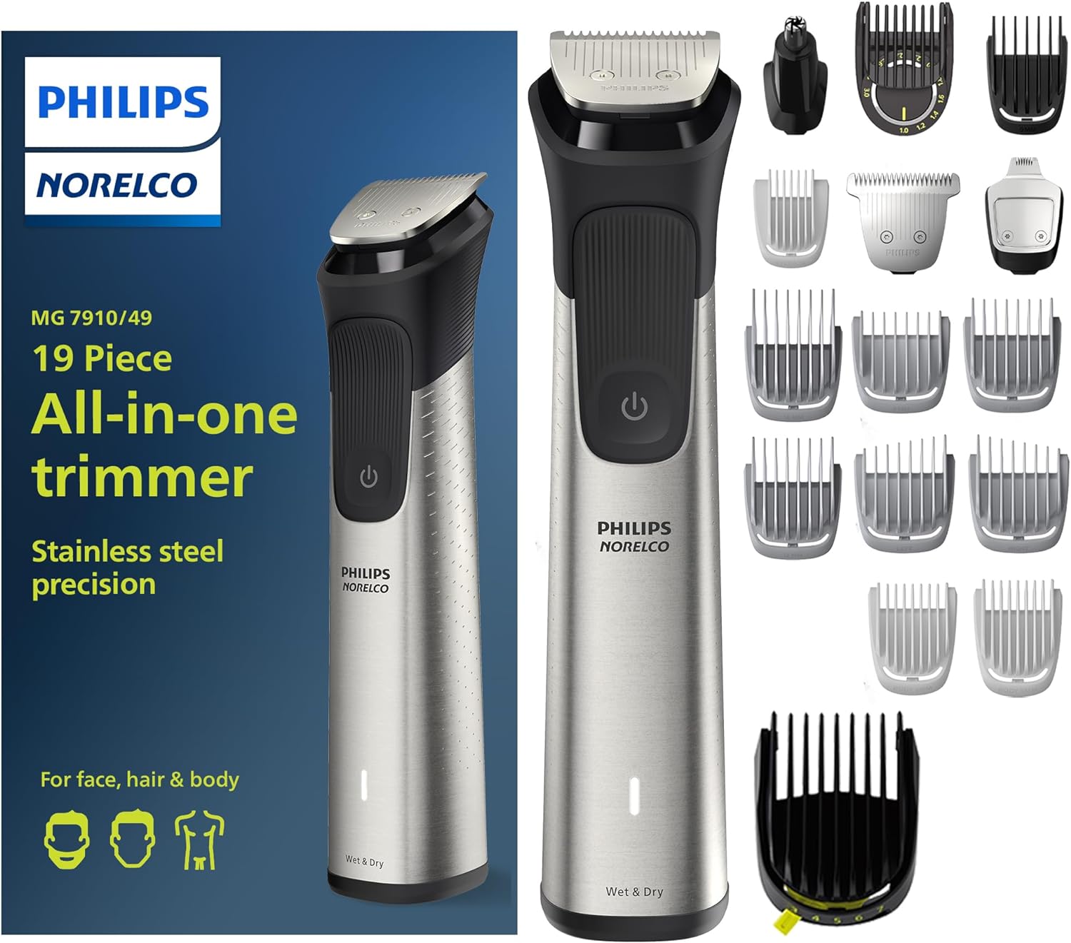 Philips Norelco Multigroom Series 7000, Mens Grooming Kit with Trimmer for Beard, Head, Hair, Body, Groin, and Face - NO BLADE OIL NEEDED, MG7910/49