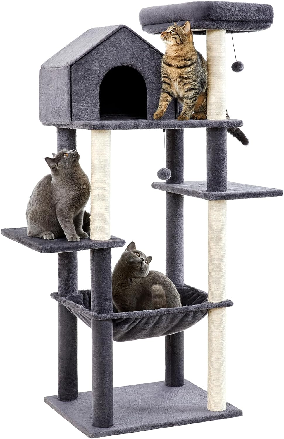 Made4Pets 60 inch Cat Tower for Indoor Cats, Multi-Level Cat Tree with Plush Hammock, Cozy Cat House, Scratching Posts, Top Perch, and 2 Hanging Balls