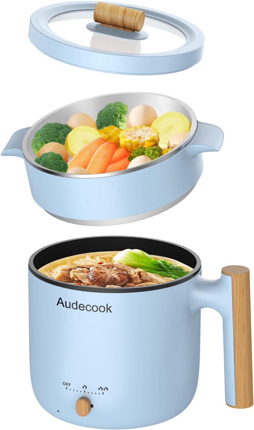 Audecook Hot Pot Electric with Steamer, 1.8L Portable Mini Travel Cooker, Multifunctional Non-Stick Electric Skillet for Stir Fry/Stew/Steam, Perfect for Ramen Noodles/Pasta/Egg/Soup/Oatmeal(Blue)