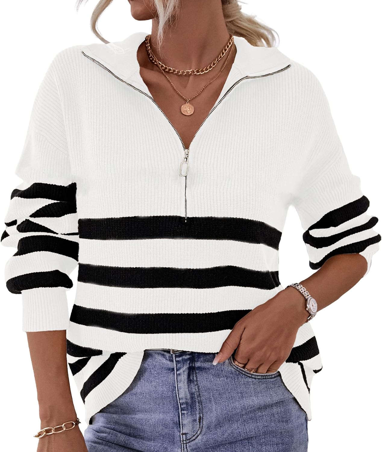 BTFBM Women 2024 Casual Long Sleeve Zip Striped Pullover Sweaters V Neck Collar Ribbed Knit Fall Winter Slouchy Jumpers