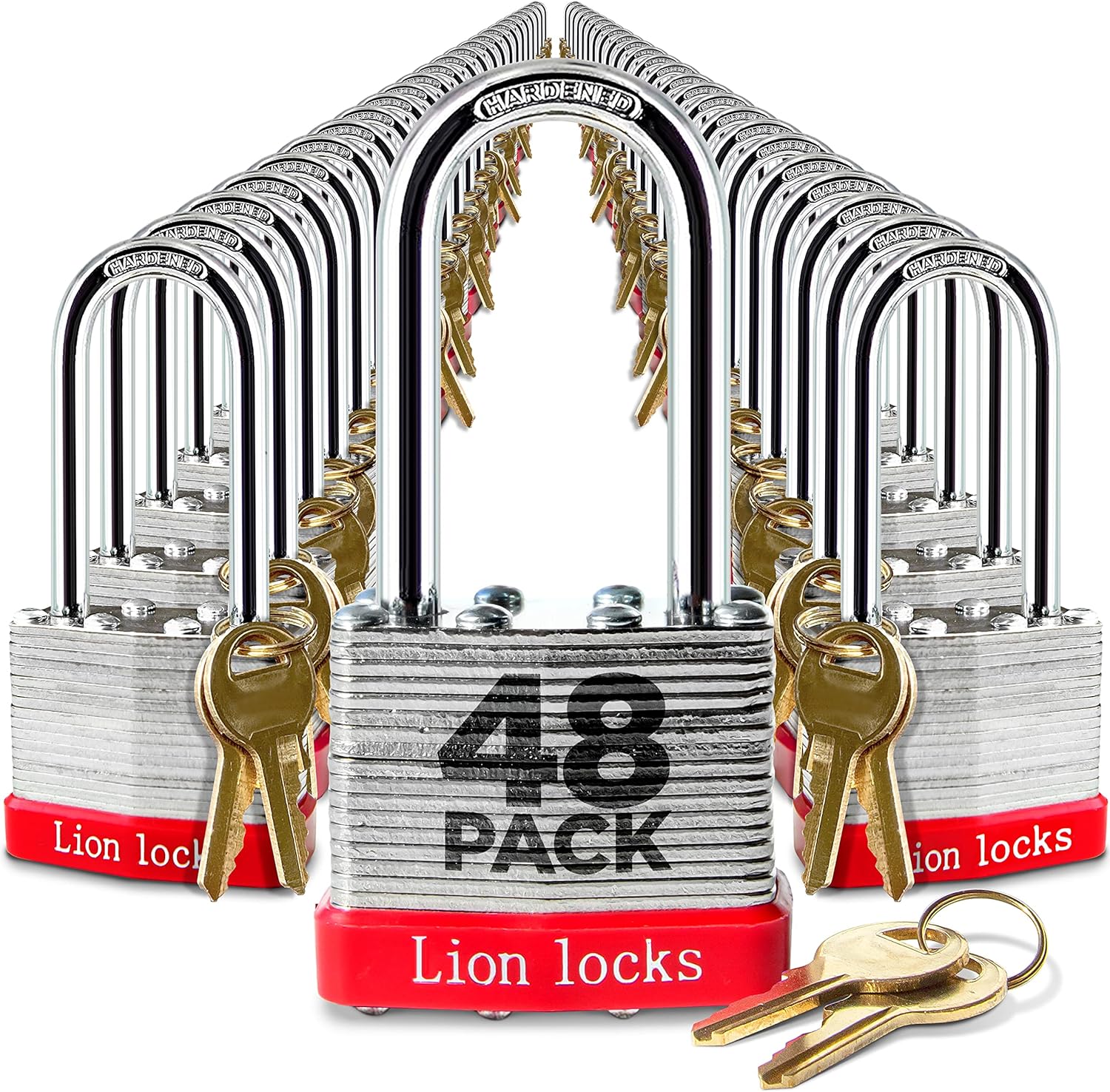 48 Keyed Alike Padlocks with 2 Long Shackle, 96 Keys - Padlocks for Outdoor Use, Locks with Keys, Hardened Steel Case, Pick Resistant Brass Pin Cylinder for Hasp Latch, Locker, Gate