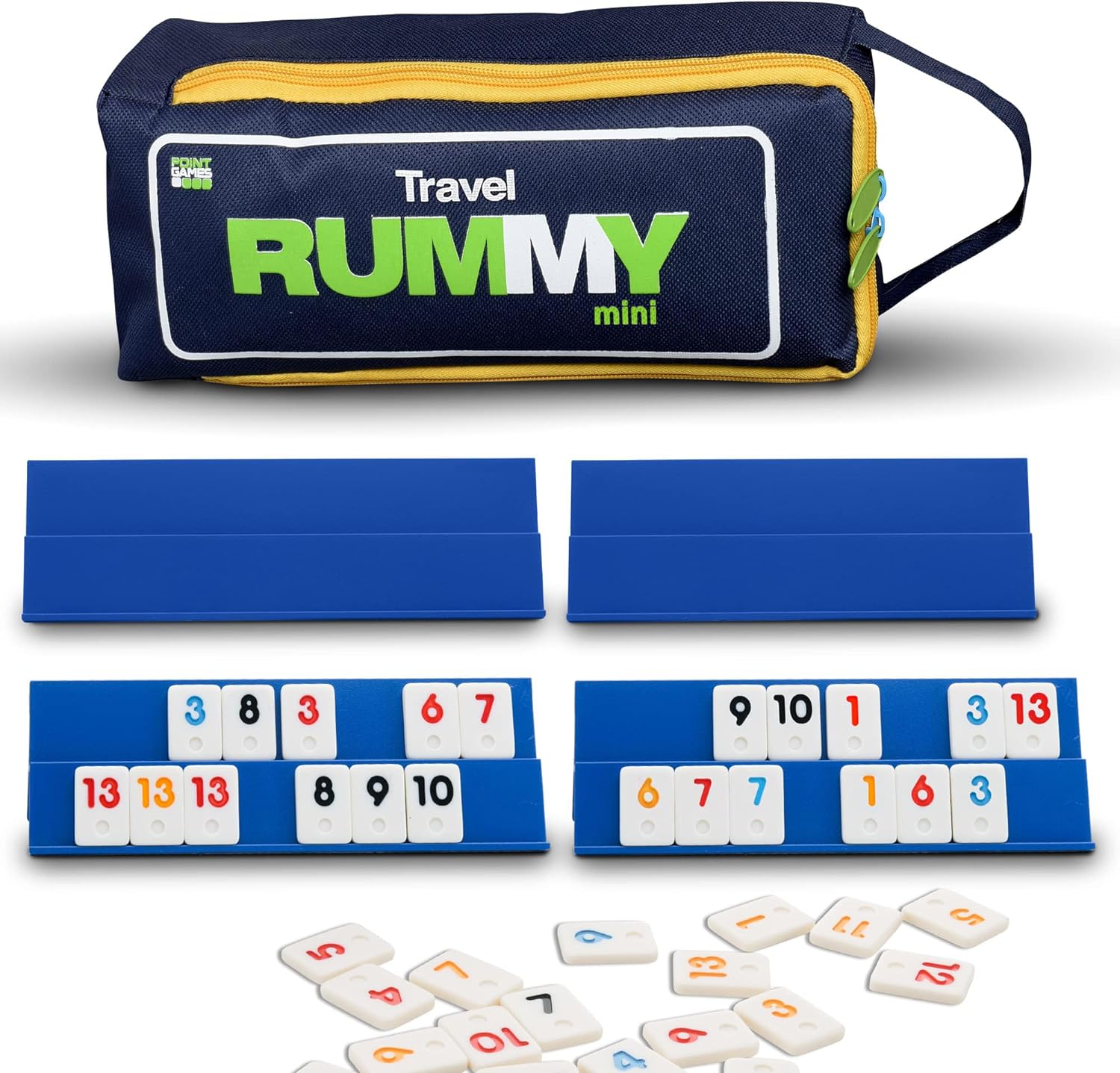 Point Games Classic Mini Rummy Game Set with 4 Exclusive Folding Playing Racks in Super Durable Travel Bag, for 2-4 Players Great Gift for Adults and Kids