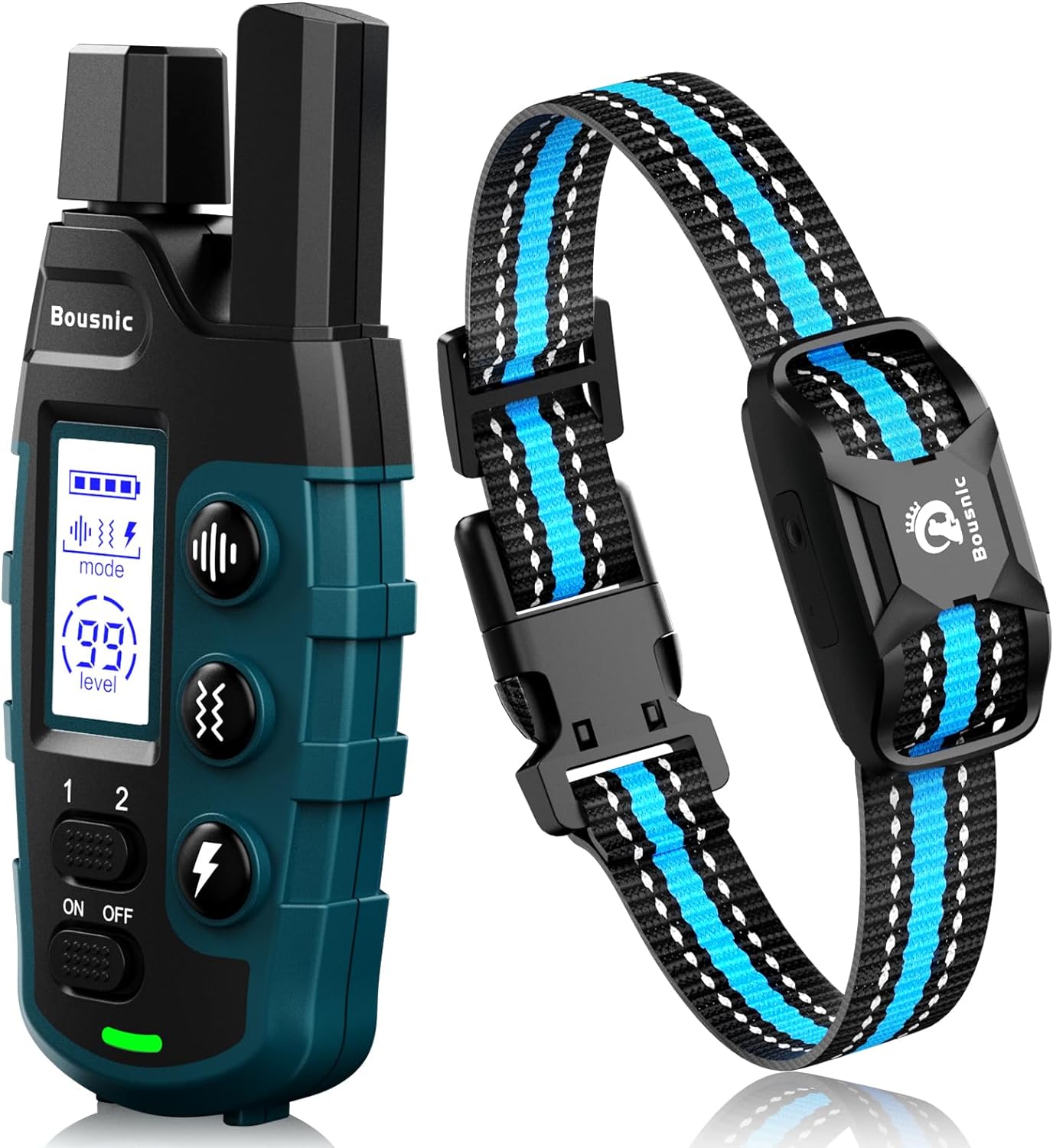 Bousnic Dog Shock Collar - 3300Ft Training Collar with Remote for 5-120lbs Small Medium Large Dogs Rechargeable Waterproof e Collar with Beep (1-8), Shake(1-16), Safe Shock(1-99) Modes (Blue)