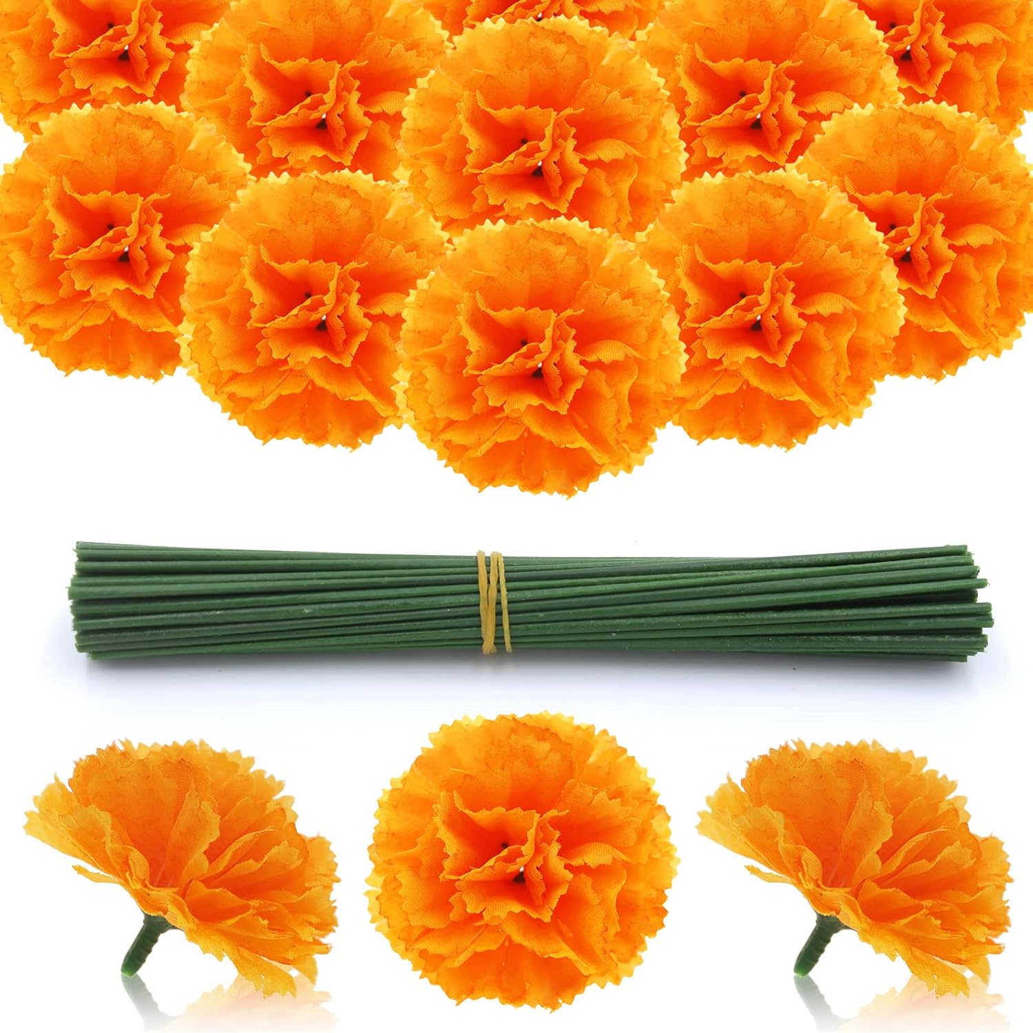 50 Pcs Marigold Flower Heads Bulk, Silk Marigold with Stems Artificial Flowers for Diwali Home Decor Day of The Dead Wreath Garland