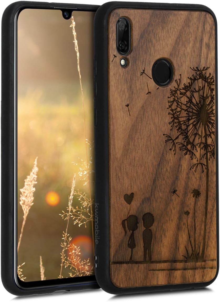 kwmobile Wood Case Compatible with Huawei P Smart (2019) Case - Cover - Dandelion Love Dark Brown