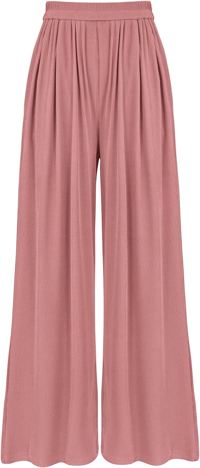 BTFBM Women' Casual Wide Leg Pants Spring Summer Clothes Pleated Elastic Waist Loose Palazzo Knit Trousers with Pockets