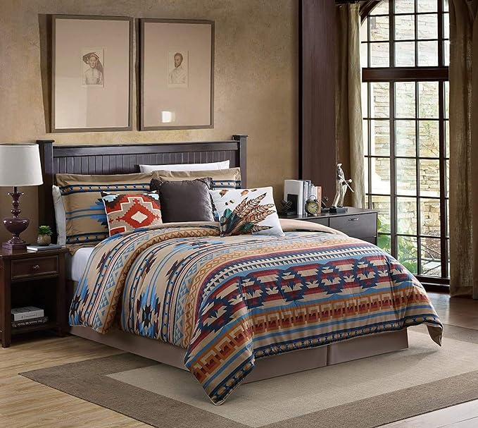 Chezmoi Collection Wyoming 7-Piece Southwestern Geometric Tribal Comforter Set - Printed Multicolor Beige Brown Blue Red Bedding Set, Queen