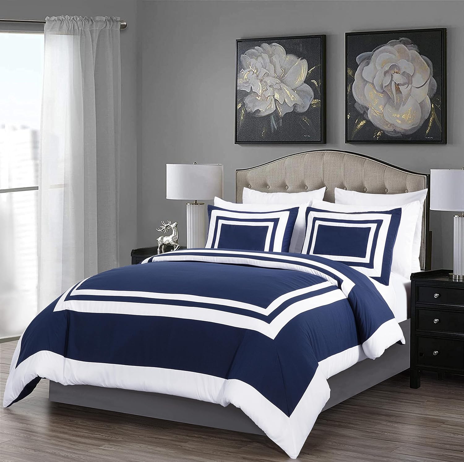 Chezmoi Collection Wyatt 7-Piece King Bed in a Bag Comforter Set with Sheets Hotel Style Navy/White Square Pattern Bedding Set