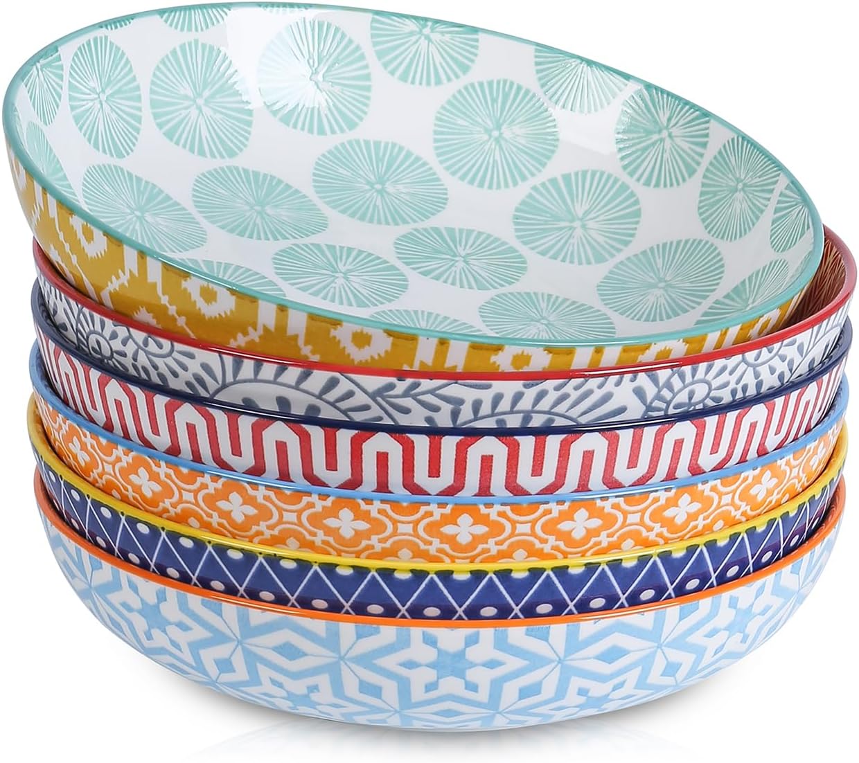 Selamica Ceramic Pasta Bowls Set 34 OZ, Large Salad Bowls 8.6 Inch Dinner Bowls for Kitchen, Wide Shallow Bowls Deep Plates for Pasta Soup, Microwave & Dishwasher Safe, Set of 6, Assorted Colors