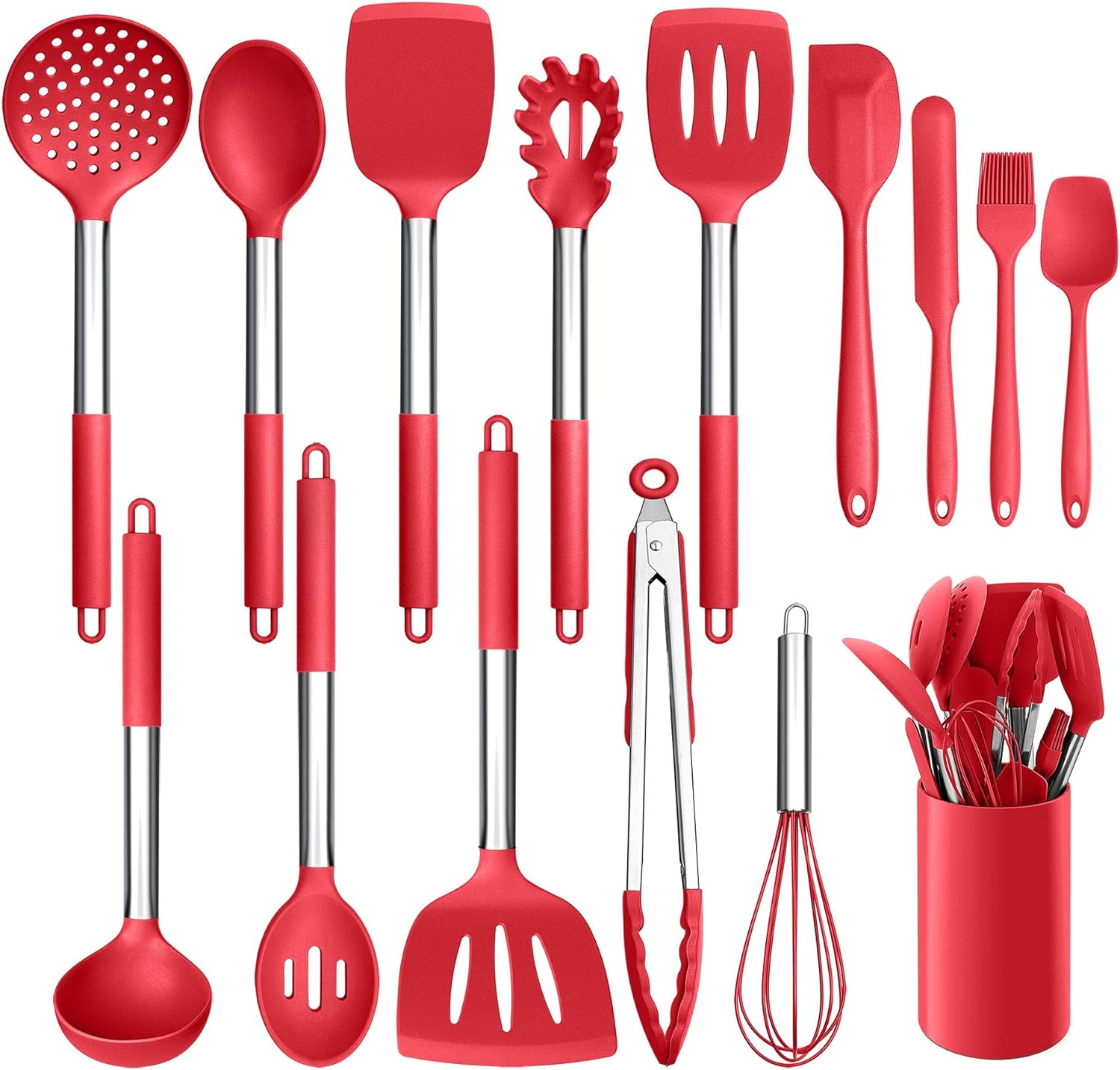 LIANYU 15-Piece Cooking Kitchen Utensils Set with Holder, Silicone Kitchen Tools Stainless Steel Handle, Slotted Spatula Spoon Turner Tong Whisk Brush for Cooking, Red