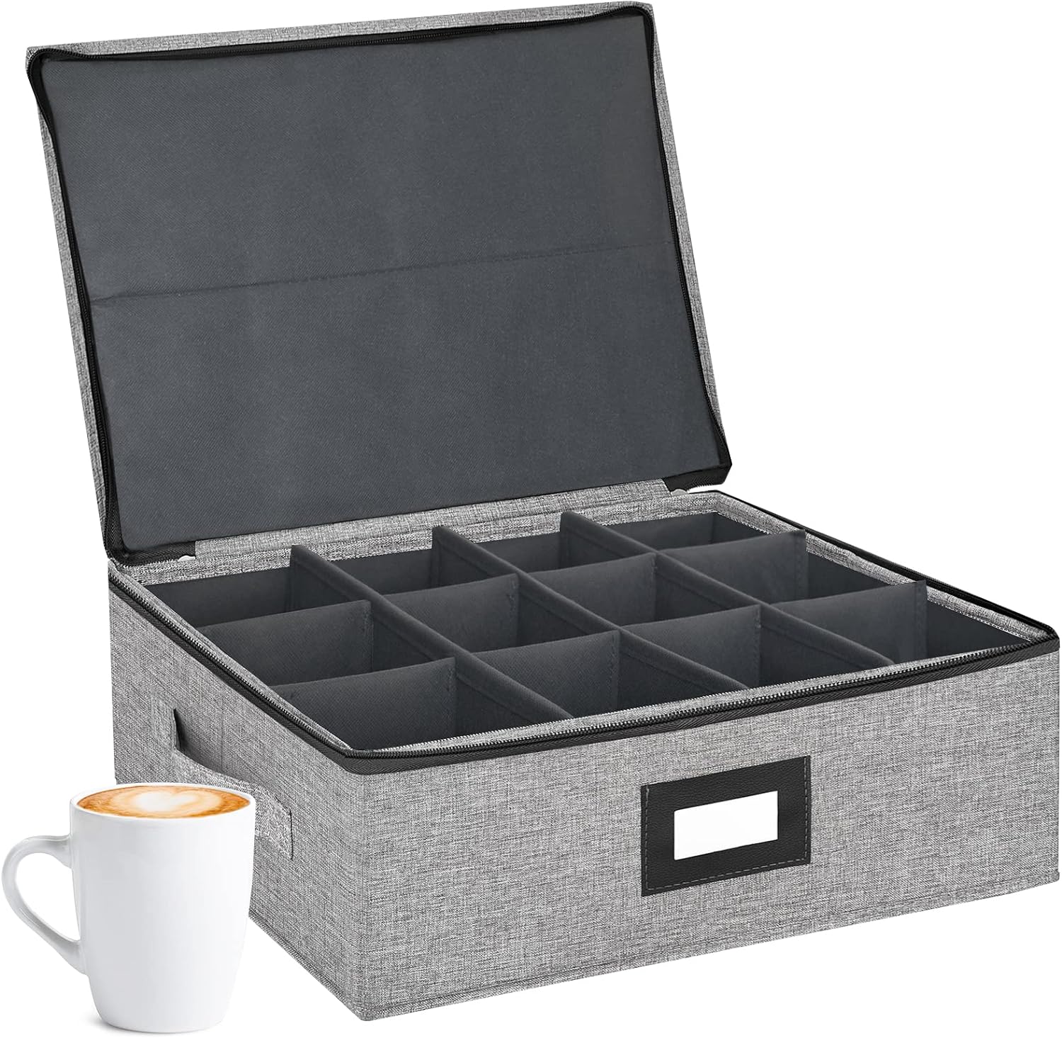 VERONLY Mug Storage Box with Dividers, China Storage Containers Hard Shell Coffee Mug Storage Case Chest with Zipper Lid and Handles, Stackable for 12 Coffee Mugs, Tea Cups, Moving & Packing (Gray)
