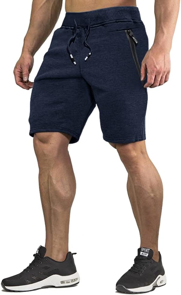 CRYSULLY Men' Cotton Joggers Casual Workout Shorts Running Shorts with Zipper Pockets