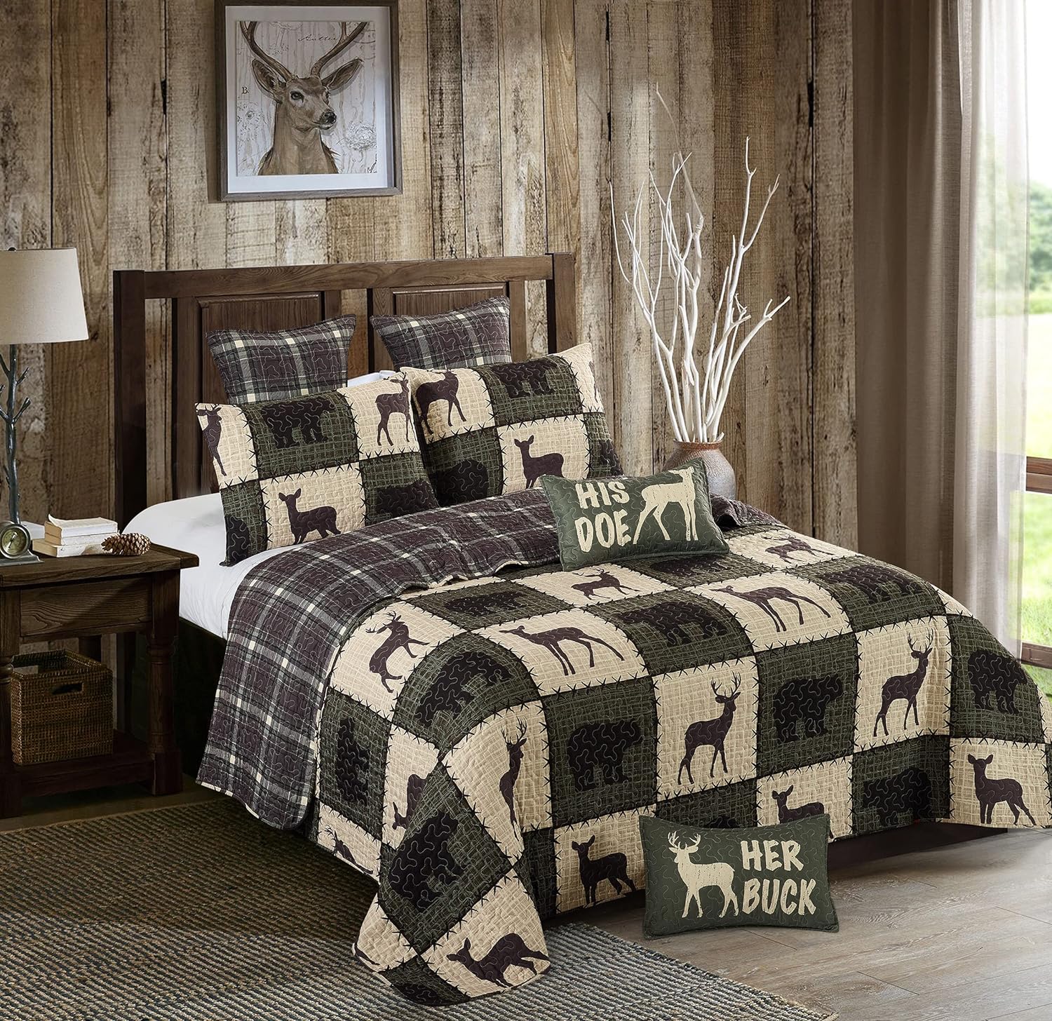 Virah Bella 3 Piece King Cabin Quilt Bedding Set - Stitched Forest - Verdant - Rustic Country Reversible Patchwork Comforter Set with Decorative Pillow Shams