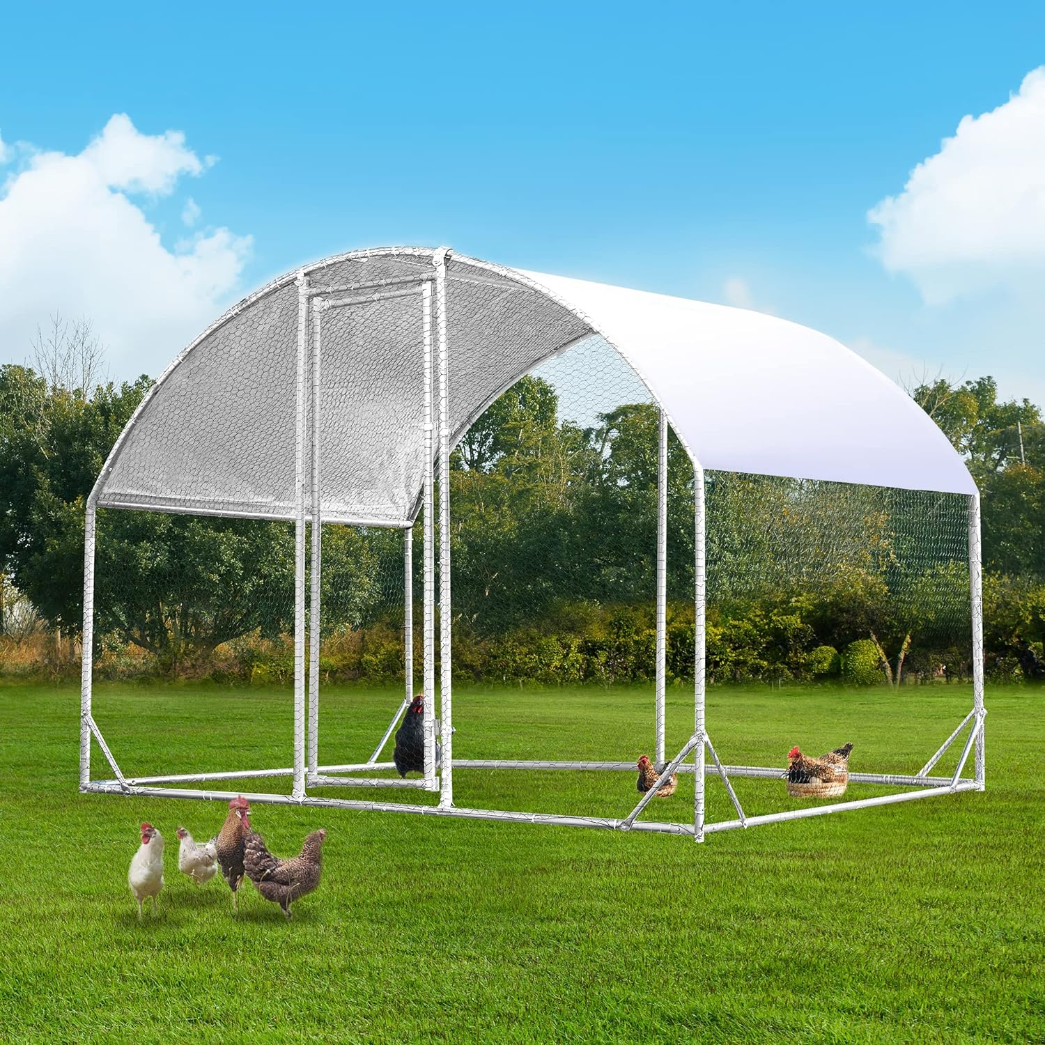 HABUTWAY Large Metal Chicken Coop,Chicken House for 6/10 Chickens,Chicken Run with Waterproof and Anti-Ultraviolet Cover,Dome Shaped Hen House add Steel Frames for Extra Stability 6.2'L*9.2'W*6.5'H