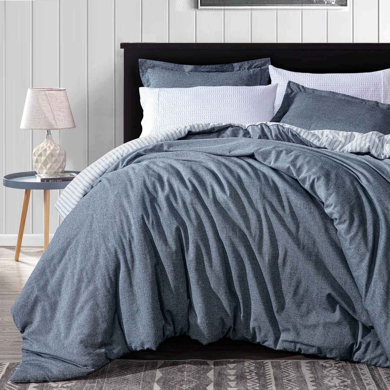 Chezmoi Collection Chambray Cotton Lightweight Comforter Set King Size 3-Piece Soft Comfy Breathable Yarn Dyed Light Denim Textured Reversible Chalk Stripe Bedding for All Season