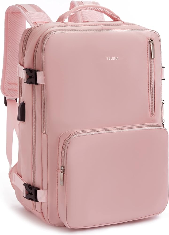 Telena Travel Backpack for Women Large Carry On Backpack Airline Approved Personal Item Backpack with USB Charging Port Waterproof Casual Bag, Pink