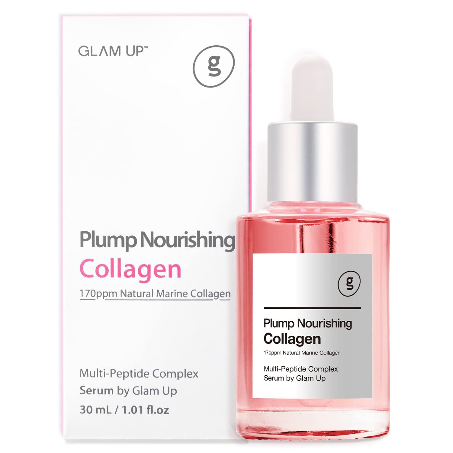 GLAM UP Plump Nourishing Real Collagen Serum - Anti Aging with Hyaluronic Acid, Lifting and Tightening Skincare, Reduce Fine Lines & Repair Skin with Peptide Complex Facial Serum (1.01 Fl Oz)