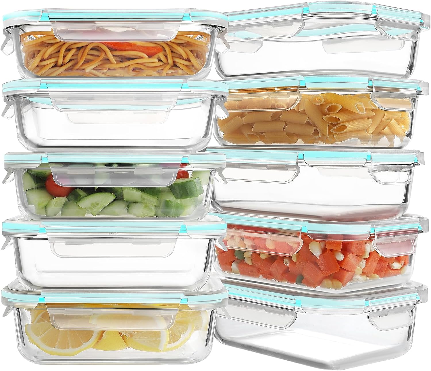 10 Pack Glass Meal Prep Containers, Glass Food Storage Containers with Lids, Airtight Glass Lunch Bento Boxes, BPA-Free & Leak Proof (10 lids & 10 Containers) - Blue