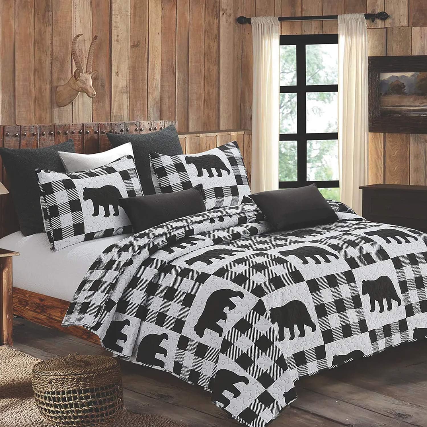 Virah Bella 3 Piece King Lodge Quilt Bedding Set - Buffalo Bear Plaid Black - Rustic Cabin Country Reversible Camping Comforter Set with Decorative Pillow Shams, Black/White