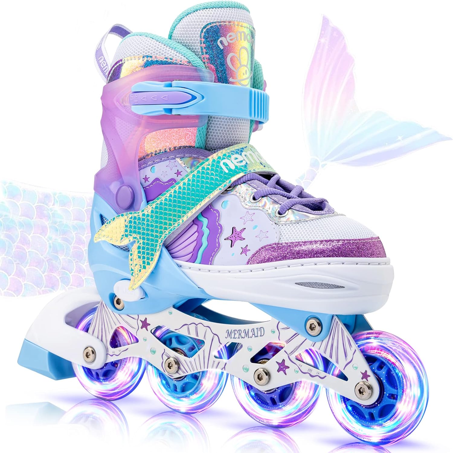 Mermaid Inline Skates, 4 Sizes Adjustable Roller Blades for Girls, Skates with Light up Wheels for Kids, Indoor Beginner Outdoor