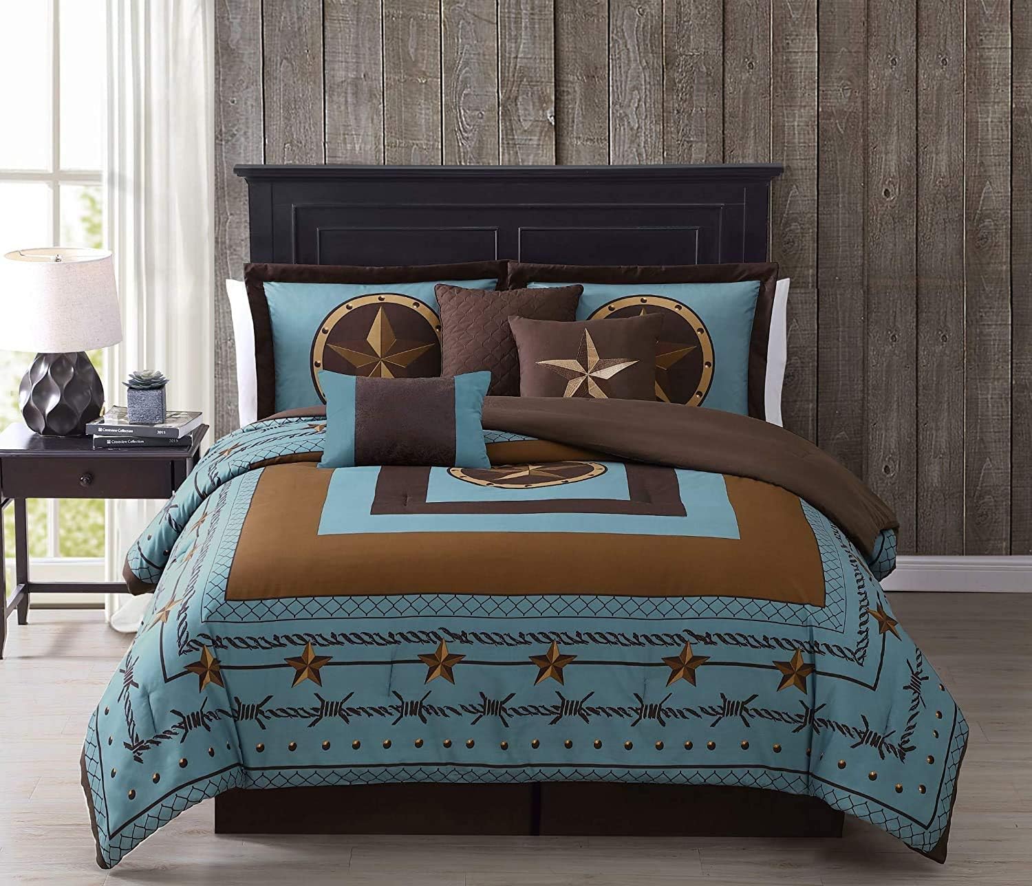 Chezmoi Collection Tulsa King Size Bedding Set, 7-Piece Turquoise Brown Western Cowboy Oversized Comforter Set, Printed Texas Star Barbed Wire