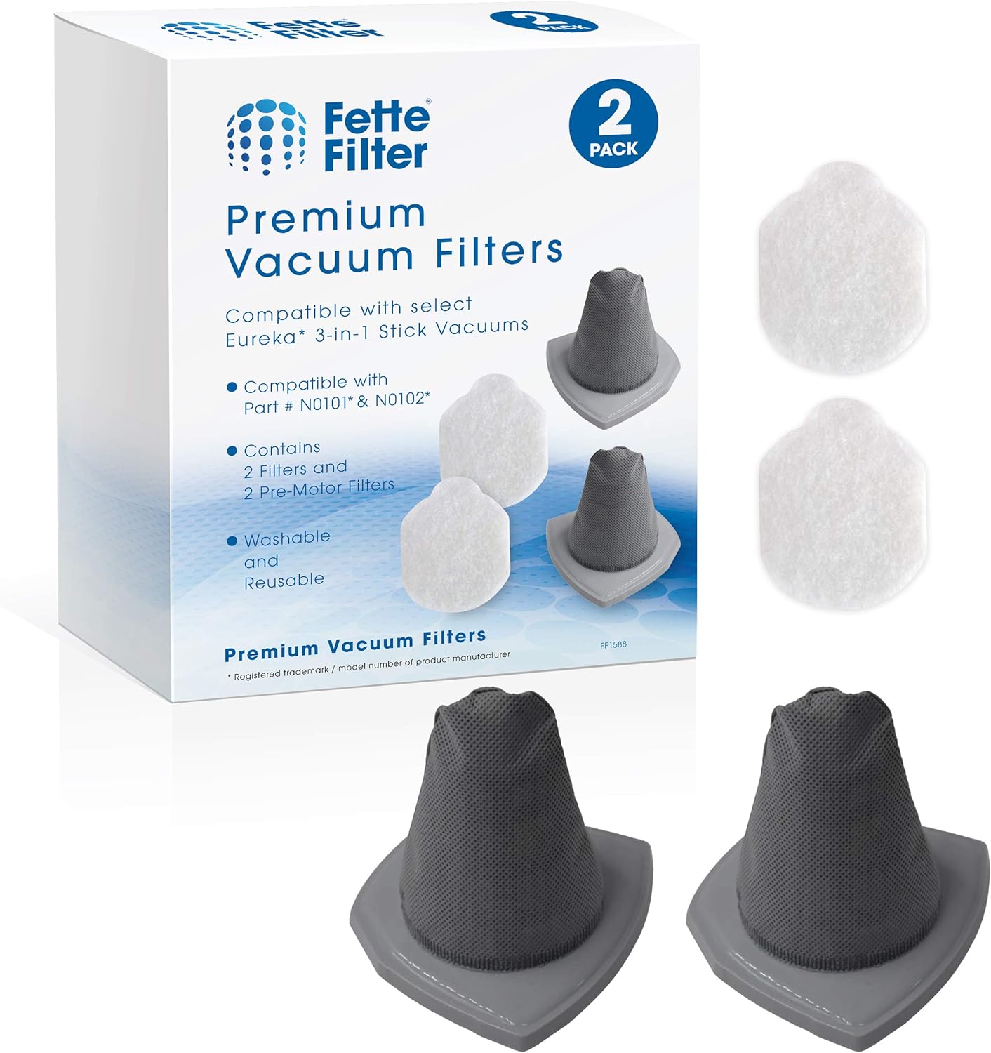 Fette Filter - 2 Pack Vacuum Filter Set Compatible with Eureka NES210, NES212, NES215, NES215A 3-in-1 Stick Vacuums. Compare to Part # N0101 & N0102 (2 Filters and 2 Pre-Motor Filters)