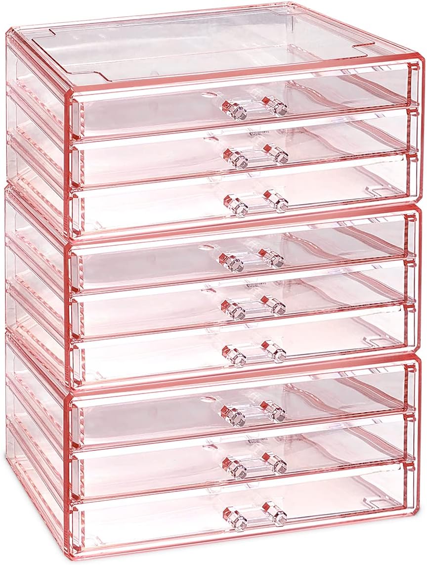 Ikee Design 3-Piece Set Pink Acrylic Drawer Storage Organizer, Ideal for Jewelry, Makeup, Home, and Office Storage,9.38 W x 5.38 D x 12.75 H in