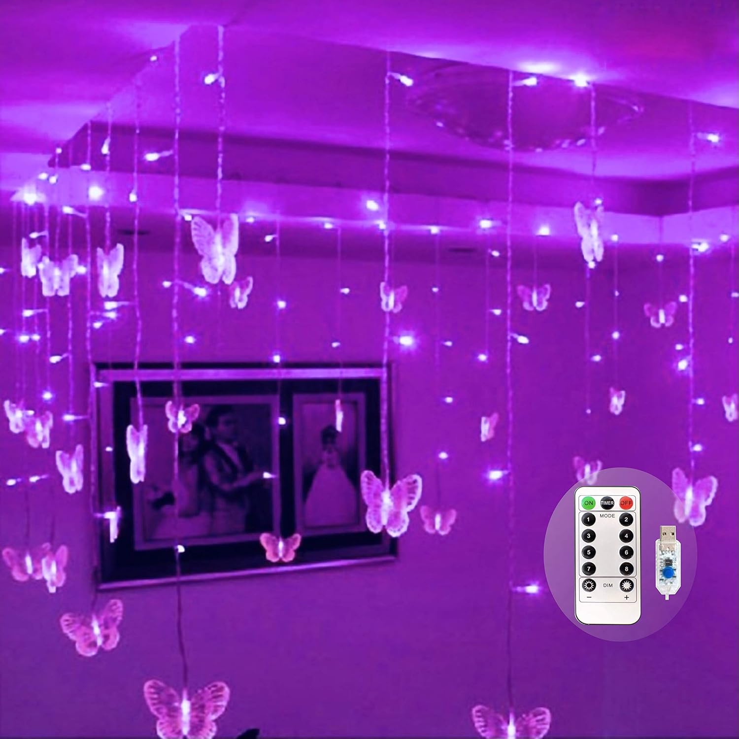 Butterfly Curtain Fairy Lights USB Plug in,8 Modes 120 LED 19.7FT Firefly Twinkle Timer String Lights with Remote, Waterproof Copper Wire for Bedroom Patio Christmas Wedding Party Dorm (Purple)