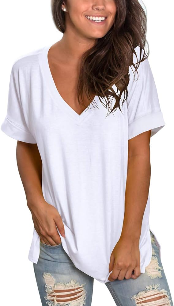 SAMPEEL Women&#39;s V Neck T Shirts Casual Rolled Short Sleeve Side Split Summer Tops Loose Fit