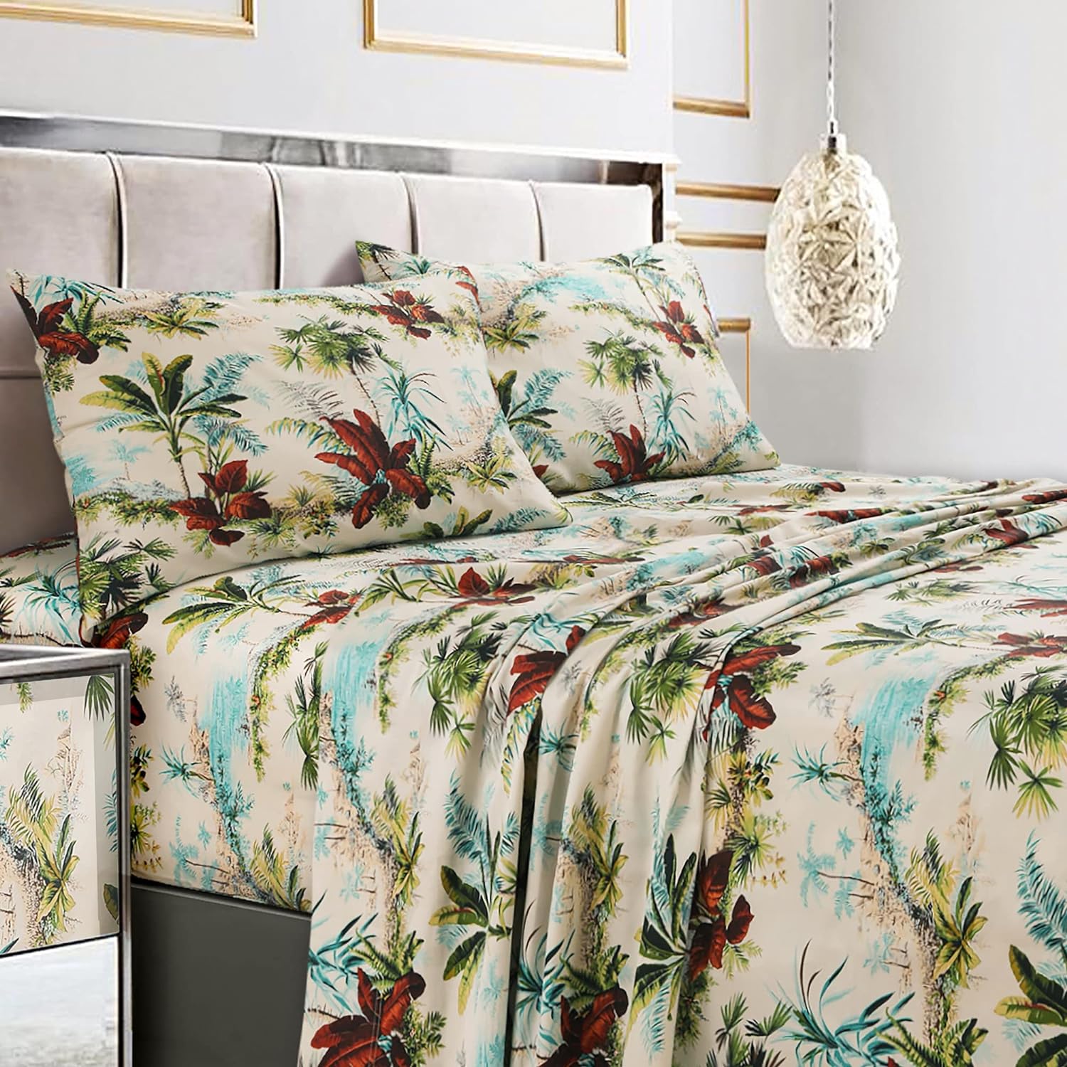 Tribeca Living Queen Bed Sheet Set, Soft Cotton Sateen Printed Sheets Tropical Print, Extra Deep Pocket, 300 Thread Count, 4-Piece Bedding Sets, Paradise Island Multi, (PARAISL4PSSQU)