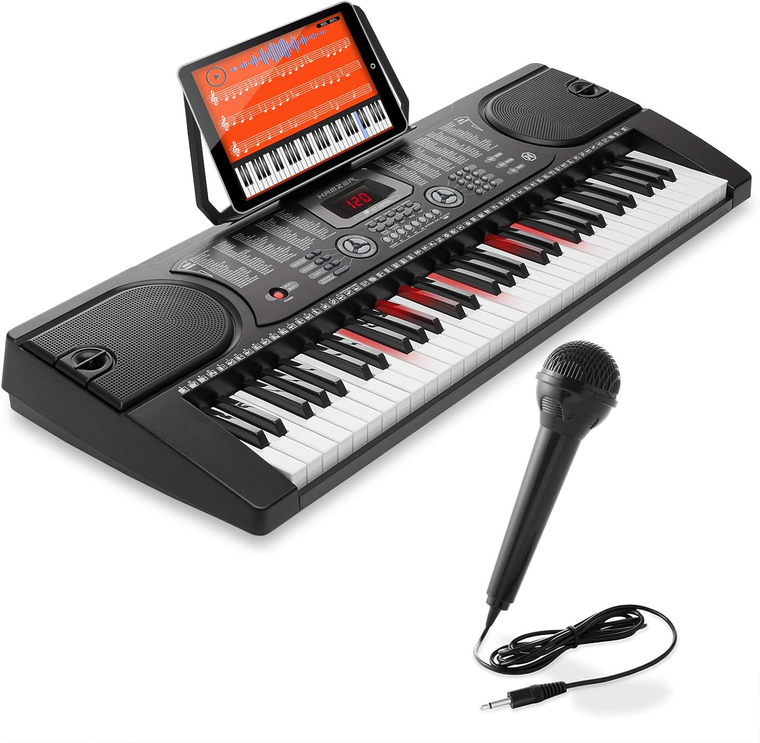 Hamzer 61-Key Electronic Keyboard Portable Digital Music Piano with Lighted Keys, Microphone & Sticker Set