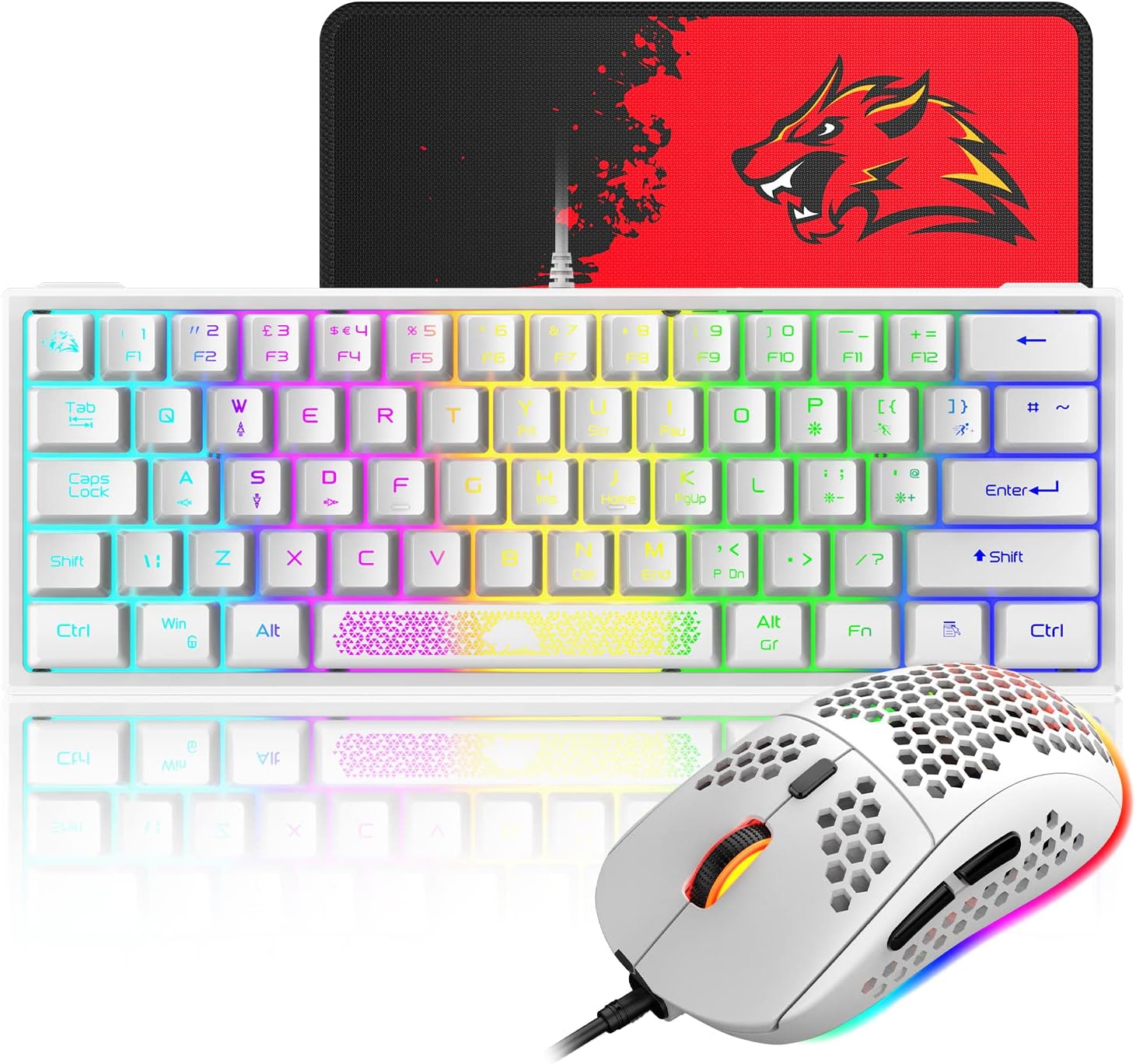 60% Gaming Keyboard and Mouse Combo Samll Mini RGB LED Backlight Mechanical Feeling and RGB 6400 DPI Honeycomb Optical Mouse,Gaming Mouse pad for Gamers and Typists