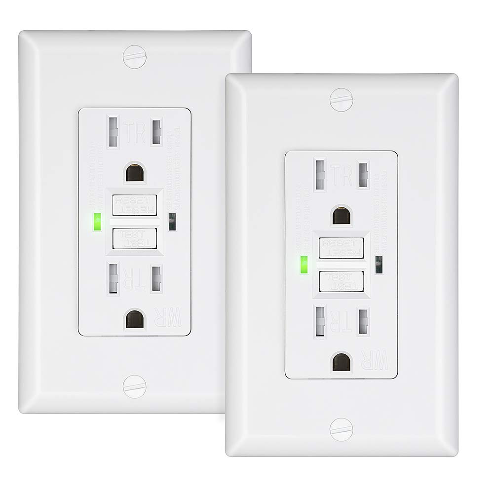 DEWENWILS 15A GFCI Outlet Receptacle, Self-Test GFCI with LED Indicator, Tamper Resistant, Weather Resistant, Decorative Wallplate Included, UL Listed, 2-Pack, White