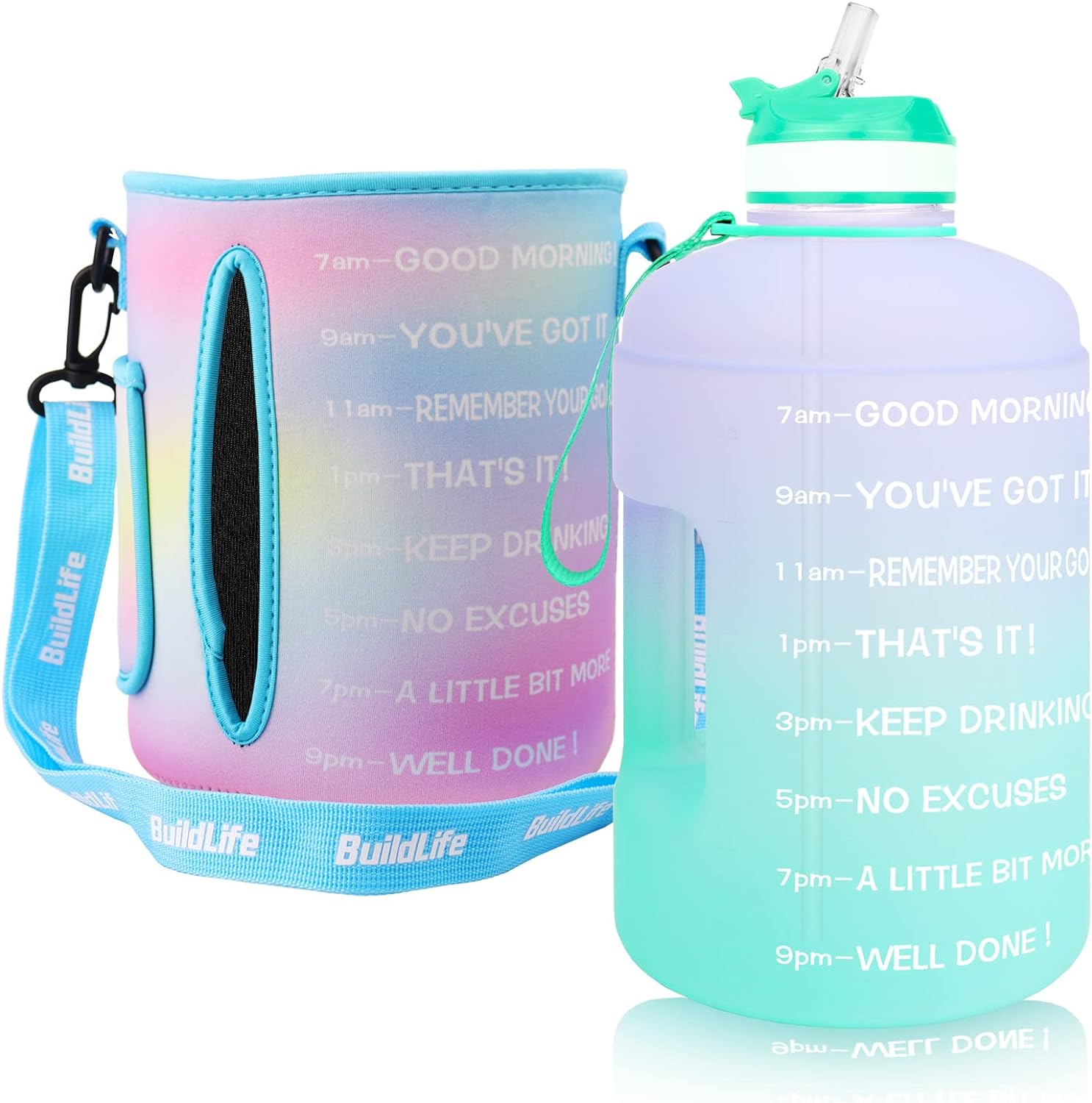 QuiFit Motivational Gallon Water Bottle - with Straw & Time Marker BPA Free Large Reusable Sport Water Jug with Handle for Fitness Outdoor Enthusiasts Leak-Proof