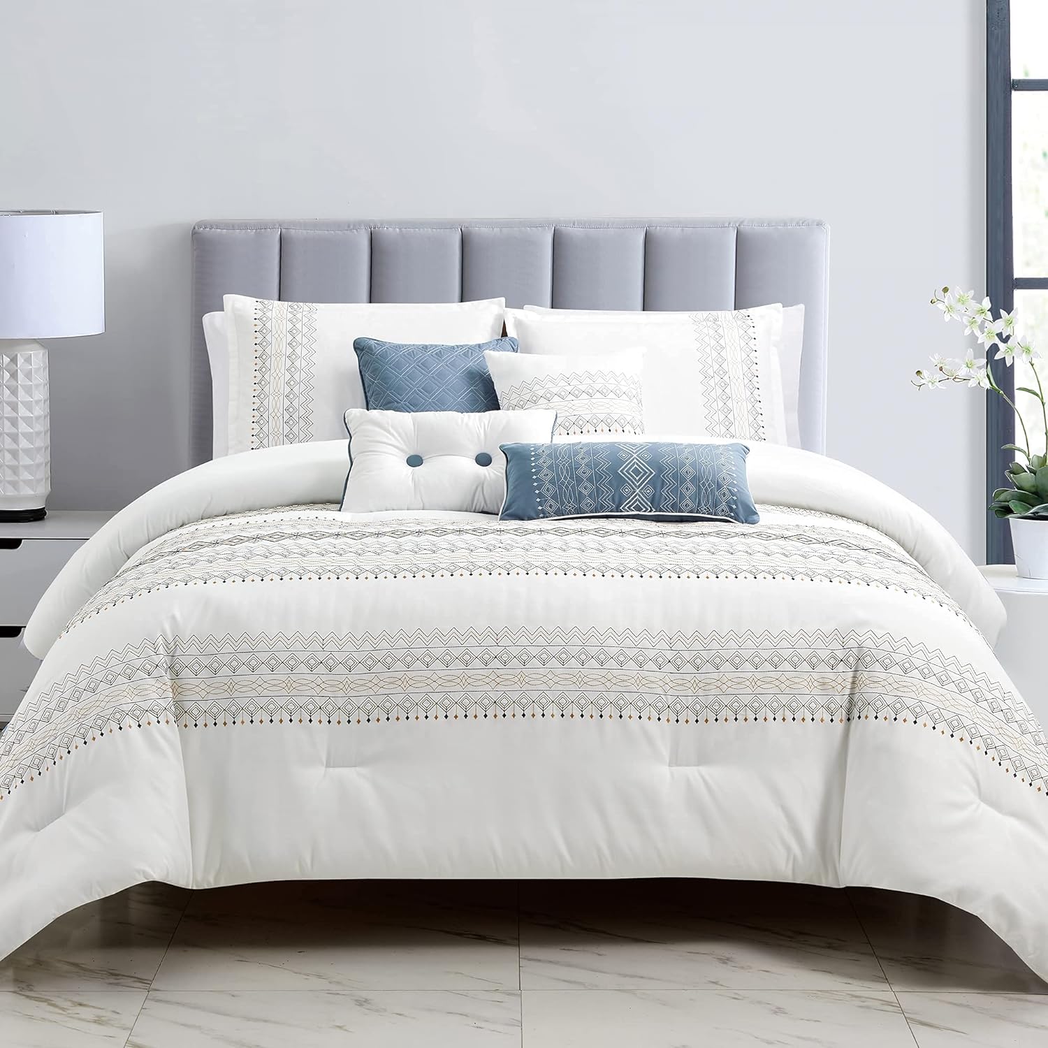 Chezmoi Collection Hart 7-Piece Southwestern Boho Comforter Set Queen Size - White/Navy/Blue/Gold Geometric Embroidery Lightweight Bedding Set for All Season