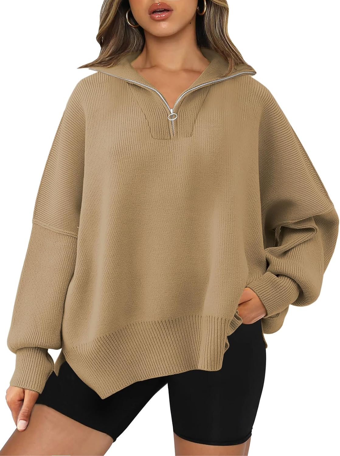 LILLUSORY Women's Sweaters 2023 Winter Zipper Collared Oversized Drop Shoulder Tunic Pullover Knit Sweater Tops