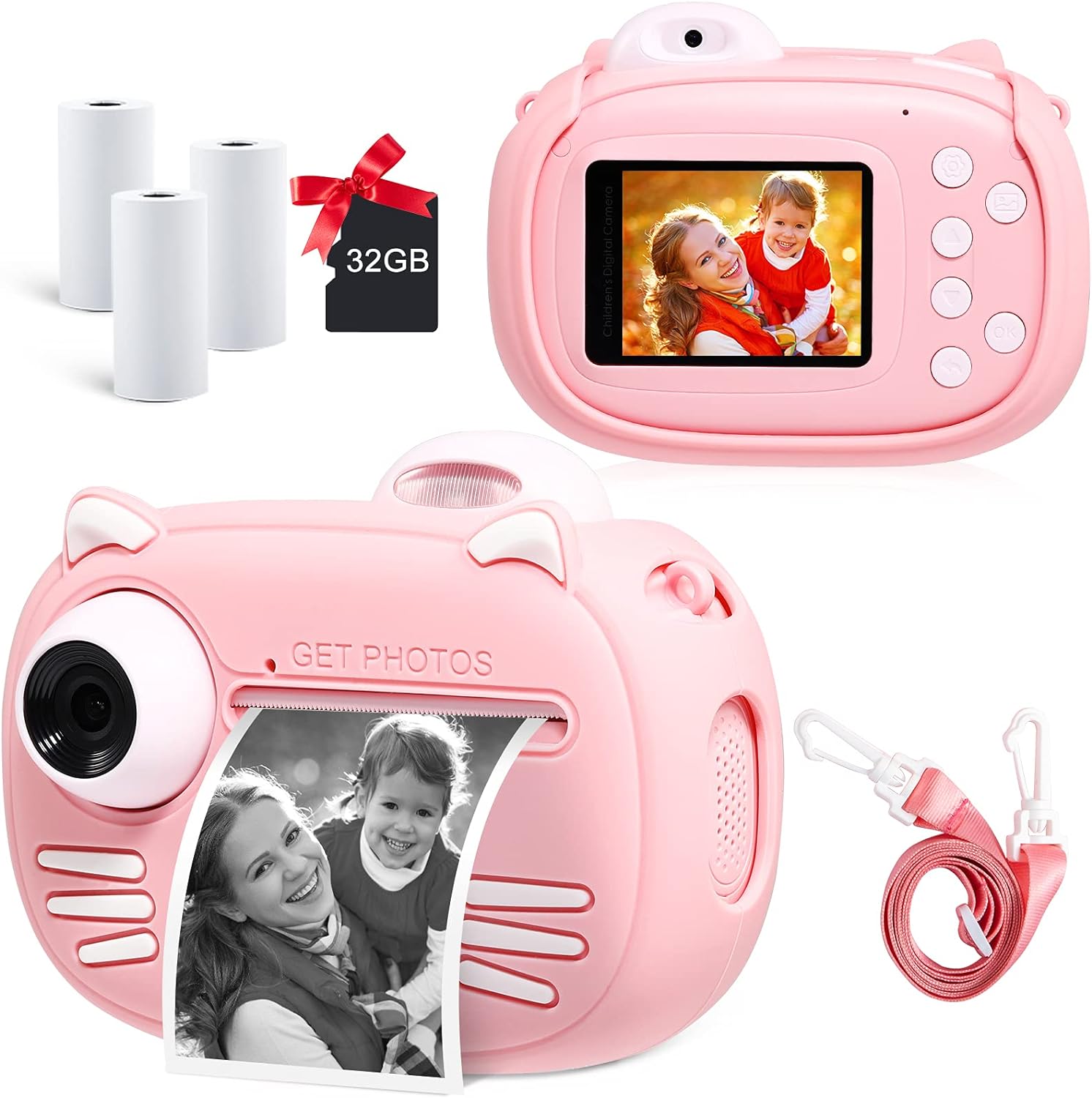 Instant Camera for Kids Camera for Girls 40MP Kids Digital Camera, 2.4' Screen Toddler Camera Kids Selfie Video Camera Children Toy Camera for Kids 3 -12, Print Paper and 32G TF Card, Pink